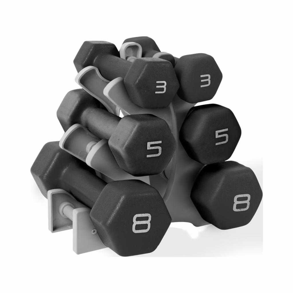An image of CAP Barbell 32 lb Neoprene Dumbbell Set with Rack, Black