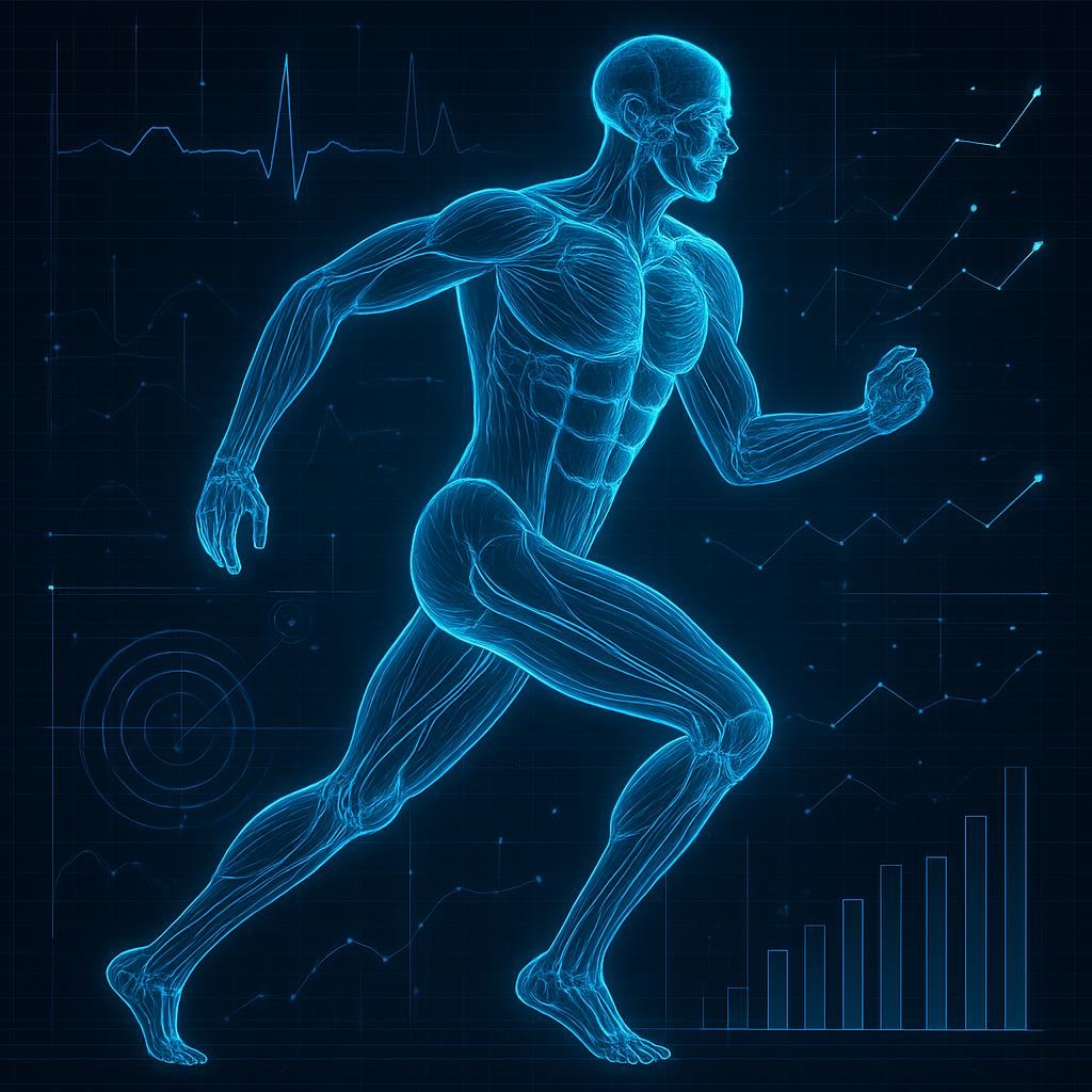 Photo of an athlete outlined in blue to represent quality performance science.