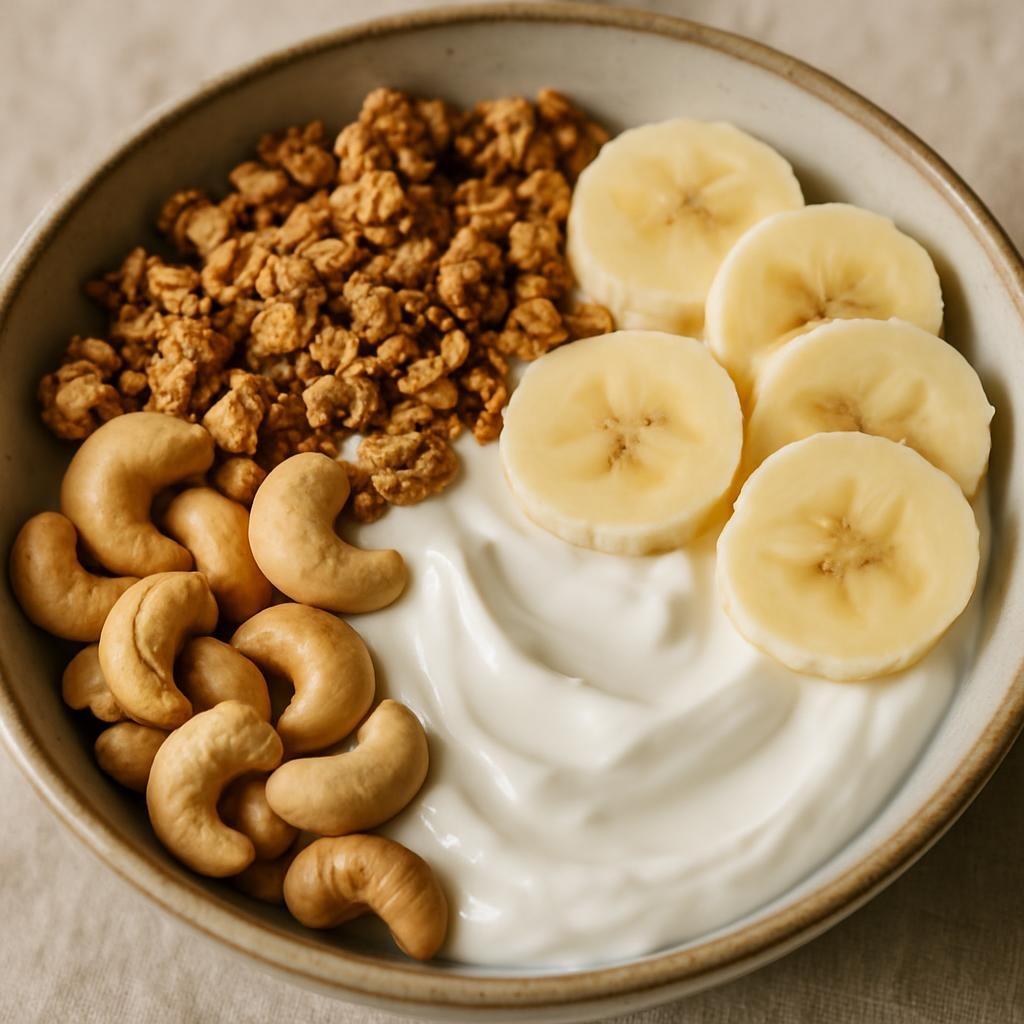 An image of a bowl of greek yogurt with banana, cashews, and granola.