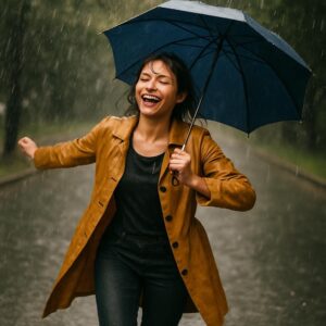 A woman excited about habit change dancing in the rain.