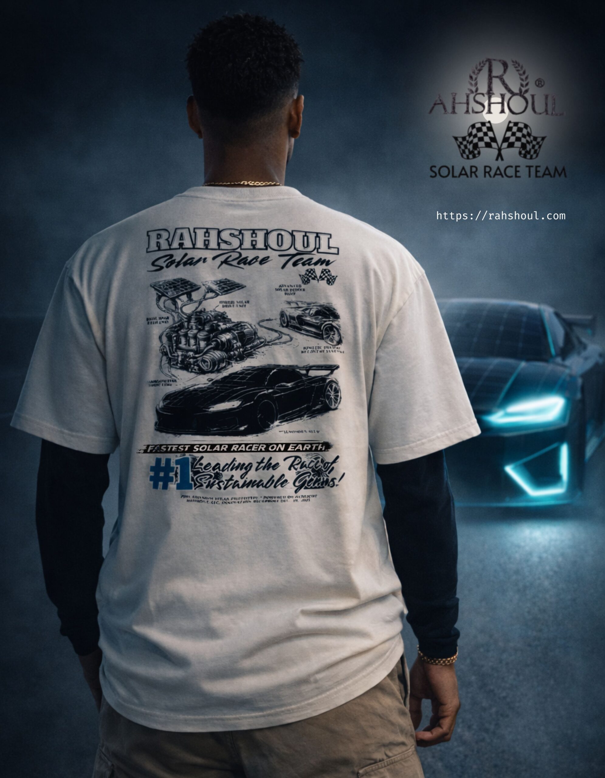 Photo of Model wearing Rahshoul.com Solar Race Team Boxy-Fit T-shirt